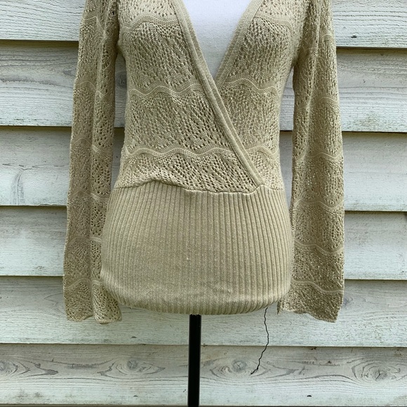 Vintage 90s Oatmeal Beige Crochet Cable Knit Long Sleeve V-Neck Pullover Sweater - Picture 8 of 16